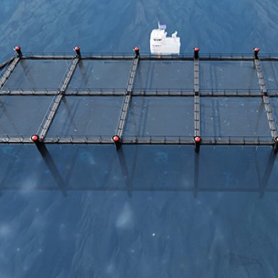 a render of a black rectangular shape floating in blue water with a small white boat adjacent to it